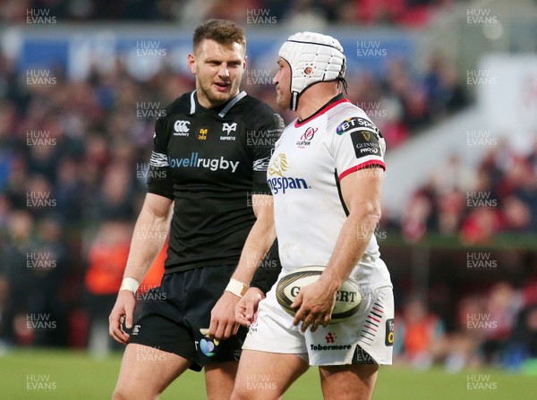 130418 - Ulster v Ospreys - Guinness PRO14 -   Ospreys' Dan Biggar chats to Ulster captain Rory Best after the Ospreys have a try disallowed