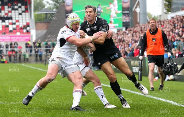 200518 - Ulster v Ospreys - PRO14 Champion's Cup Play-off - James Hook of Ospreys is tackled by Luke Marshall of Ulster