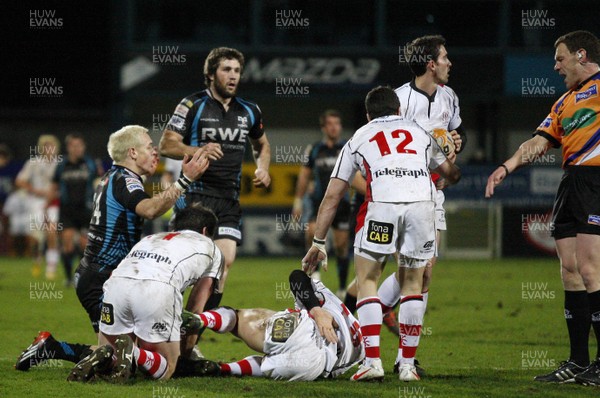 240212 Ulster v Ospreys - RaboDirect Pro 12 - Stefan Terblanche of Ulster lies injured after an encounter with Wilem Dirksen of Ospreys