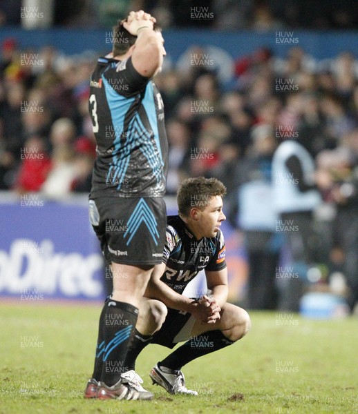 240212 Ulster v Ospreys - RaboDirect Pro 12 - Joe Rees and Rhys Webb of Ospreys show their disappointment after the final whistle