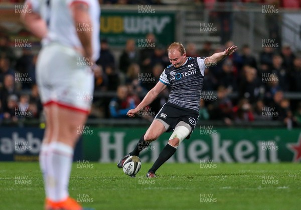 270919 - Ulster v Ospreys - Guinness PRO14 -   Osprey's Luke Price kicks a penalty from his own half