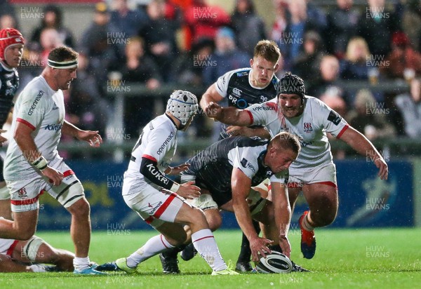 270919 - Ulster v Ospreys - Guinness PRO14 -   Ulster's Michael Lowry tackles Osprey's James King
