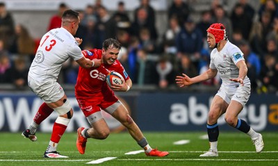 010325 - Ulster v Scarlets - United Rugby Championship - Ioan Llyod of Scarlets is tackled by James Hume of Ulster