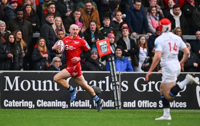 010325 - Ulster v Scarlets - United Rugby Championship - Ioan Nicholas of Scarlets on his way to scoring his side's second try