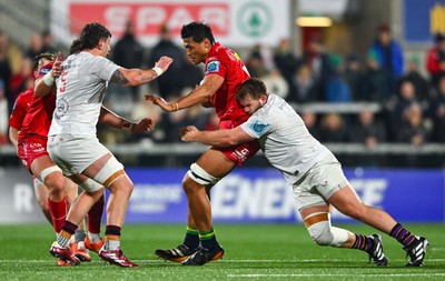 010325 - Ulster v Scarlets - United Rugby Championship - Vaea Fifita of Scarlets is tackled by Callum Reid of Ulster