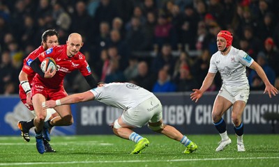 010325 - Ulster v Scarlets - United Rugby Championship - Ioan Nicholas of Scarlets is tackled by Nick Timoney of Ulster