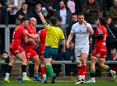 010325 - Ulster v Scarlets - United Rugby Championship - Ioan Nicholas of Scarlets, second from left, is congratulated by team-mates after scoring his side's second try