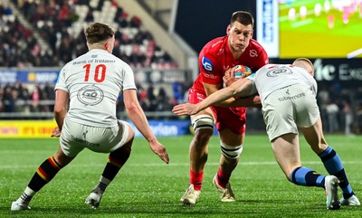 010325 - Ulster v Scarlets - United Rugby Championship - Jarrod Taylor of Scarlets is tackled by Nathan Doak of Ulster