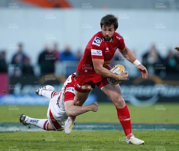 100513 - Ulster v Scarlets - RaboDirect Pro 12 Semi-Final - Gareth Owen of Scarlets is tackled by Paddy Jackson of Ulster 