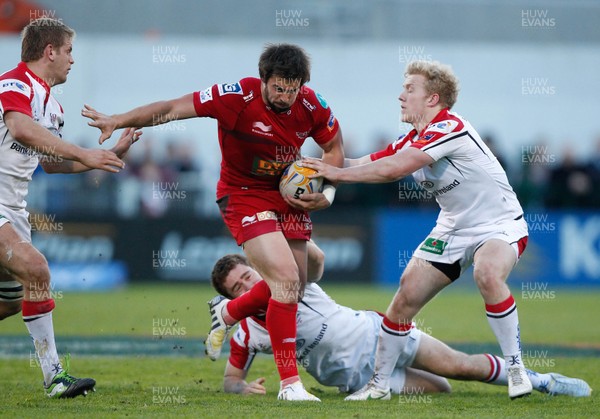 100513 - Ulster v Scarlets - RaboDirect Pro 12 Semi-Final - Gareth Owen of Scarlets is tackled by Paddy Jackson, Chris Henry and Stuart Olding of Ulster 