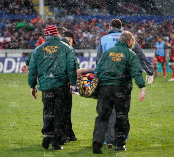 100513 - Crystal Palace v Brighton & Hove Albion - Npower Championship Play-offs - Scarlets' Captain Ken Owens is taken off the field on a stretcher  