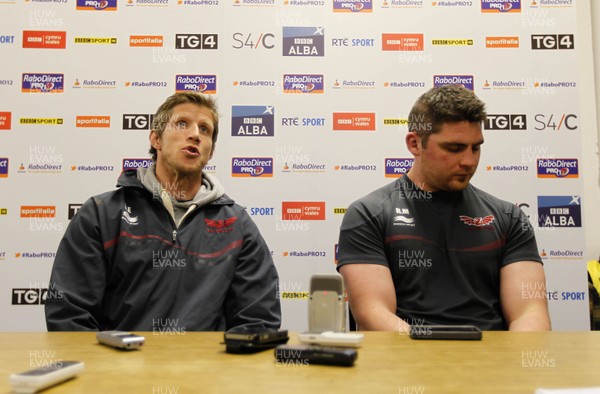 100513 - Ulster v Scarlets - RaboDirect Pro 12 Semi-Final - Simon Easterby and Rob McCusker of Scarlets at the post match press conference 