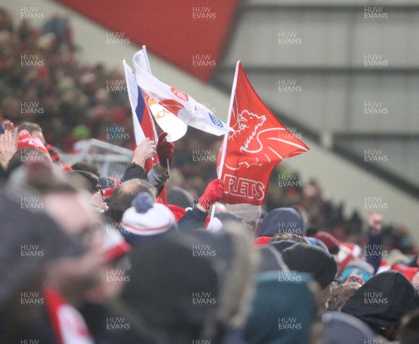 141218 - Ulster v Scarlets - European Rugby Champions Cup -  Scarlets fans cheer after Jonathan Davies scores a try 