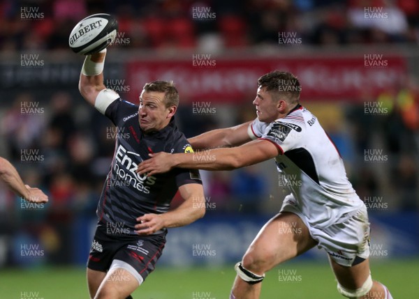 150917 - Ulster v Scarlets - Guinness PRO14 -  Scarlets Hadleigh Parkes is tackled by Ulster's Matthew Rea