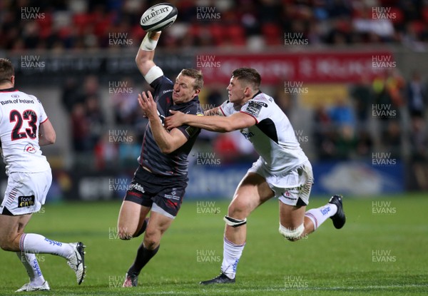 150917 - Ulster v Scarlets - Guinness PRO14 -  Scarlets Hadleigh Parkes is tackled by Ulster's Matthew Rea