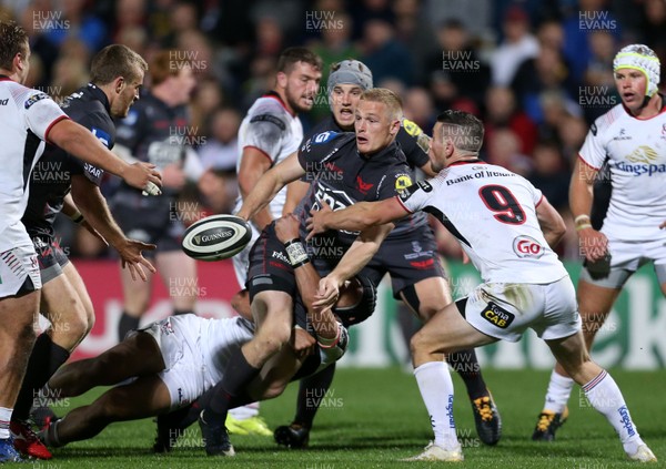 150917 - Ulster v Scarlets - Guinness PRO14 -  Scarlets  Johnny Mcnicholl is tackled by Ulster's Christian Lealiifano