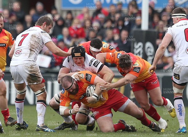 210216 - Ulster v Scarlets - Guinness PRO12 - Ulster's Franco van der Merwe in action with Scarlet's Phil John