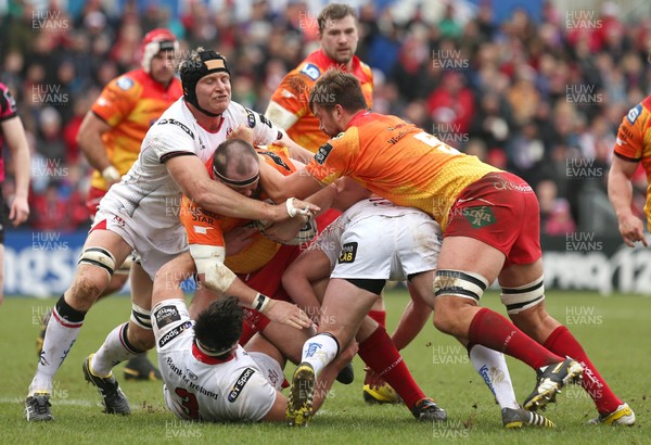 210216 - Ulster v Scarlets - Guinness PRO12 - Ulster's Franco van der Merwe in action with Scarlet's Phil John