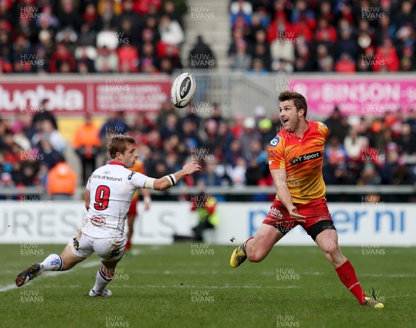 210216 - Ulster v Scarlets - Guinness PRO12 - Ulster's Paul Marshall in action with Scarlet's Michael Collins