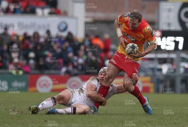 210216 - Ulster v Scarlets - Guinness PRO12 - Ulster's Luke Marshall in action with Scarlet's Hadleigh Parkes