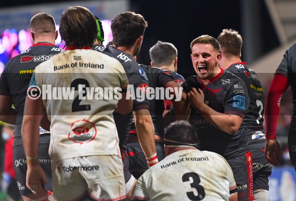 280122 - Ulster v Scarlets - United Rugby Championship - Daf Hughes of Scarlets celebrates his side's first try