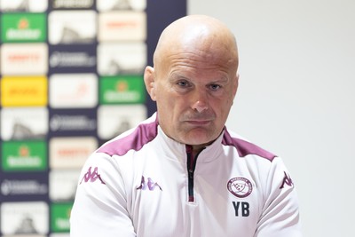 230525 - Union Bordeaux Begles Media Conference - Union Bordeaux Begles head coach Yannick Bru during media conference ahead of the EPCR Champions Cup Final against Northampton Saints at the Principality Stadium, Cardiff