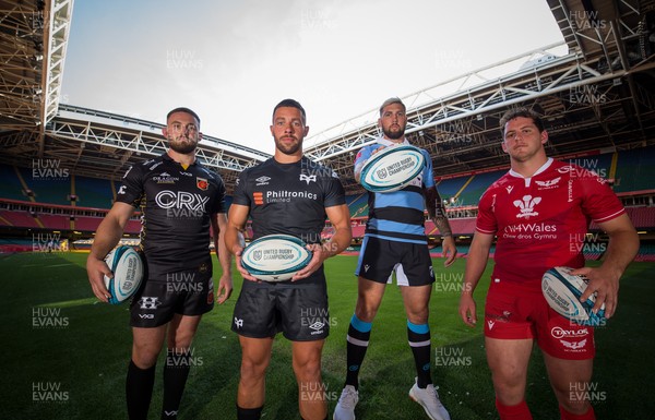 160921 - URC Wales Launch, Principality Stadium - Left to right, Harrison Keddie of Dragons, Rhys Webb of Ospreys, Josh Turnbull of Cardiff Rugby and Ryan Elias of Scarlets at the Wales launch of the new United Rugby Championship replacing the former PRO14 competition