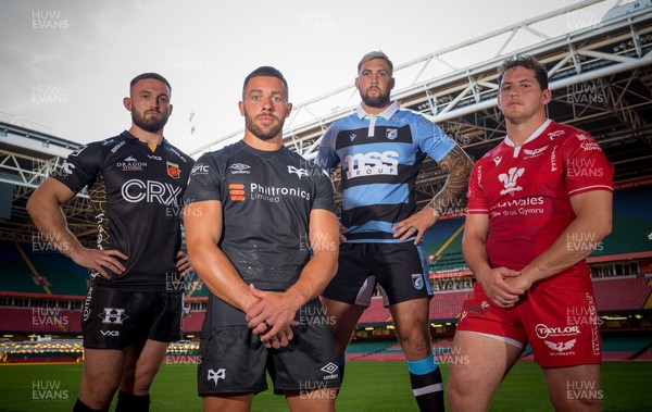 160921 - URC Wales Launch, Principality Stadium - Left to right, Harrison Keddie of Dragons, Rhys Webb of Ospreys, Josh Turnbull of Cardiff Rugby and Ryan Elias of Scarlets at the Wales launch of the new United Rugby Championship replacing the former PRO14 competition