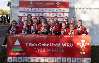 150424 - Urdd WRU Sevens, Cardiff - Coleg Gwent celebrate after winning the Girls Cup Final