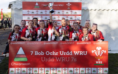 150424 - Urdd WRU Sevens, Cardiff - Coleg Gwent celebrate after winning the Girls Cup Final