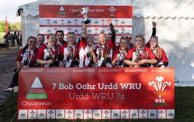 150424 - Urdd WRU Sevens, Cardiff - Coleg Gwent celebrate after winning the Girls Cup Final