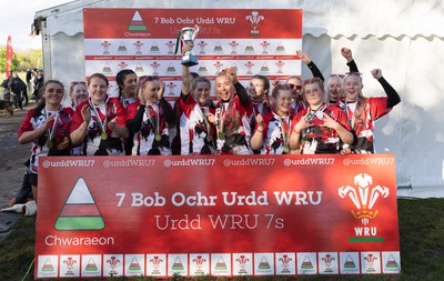 150424 - Urdd WRU Sevens, Cardiff - Coleg Gwent celebrate after winning the Girls Cup Final