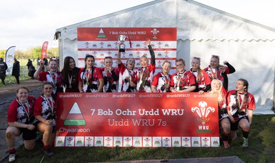 150424 - Urdd WRU Sevens, Cardiff - Coleg Gwent celebrate after winning the Girls Cup Final