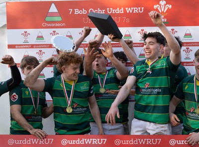 150424 - Urdd WRU Sevens, Cardiff - Ysgol Duffryn Aman celebrate winning the Boys Plate Final, but lose the trophy in the process