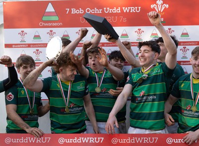 150424 - Urdd WRU Sevens, Cardiff - Ysgol Duffryn Aman celebrate winning the Boys Plate Final, but lose the trophy in the process