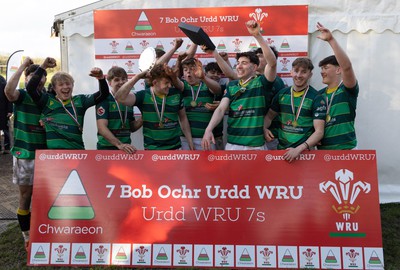 150424 - Urdd WRU Sevens, Cardiff - Ysgol Duffryn Aman celebrate winning the Boys Plate Final, but lose the trophy in the process