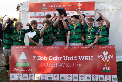 150424 - Urdd WRU Sevens, Cardiff - Ysgol Duffryn Aman celebrate winning the Boys Plate Final, but lose the trophy in the process