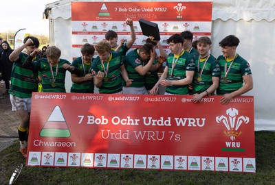 150424 - Urdd WRU Sevens, Cardiff - Ysgol Duffryn Aman celebrate winning the Boys Plate Final, but lose the trophy in the process