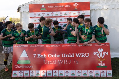 150424 - Urdd WRU Sevens, Cardiff - Ysgol Duffryn Aman celebrate winning the Boys Plate Final, but lose the trophy in the process