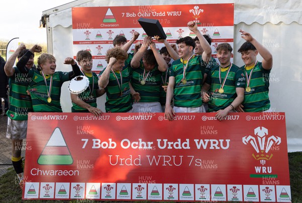 150424 - Urdd WRU Sevens, Cardiff - Ysgol Duffryn Aman celebrate winning the Boys Plate Final, but lose the trophy in the process