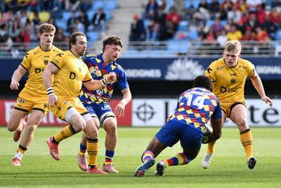 071225 - USA Perpignan v Dragons RFC - EPCR Challenge Cup - Joe Westwood of Dragons RFC, Rhodri Williams of Dragons RFC and Luke Yendle of Dragons RFC