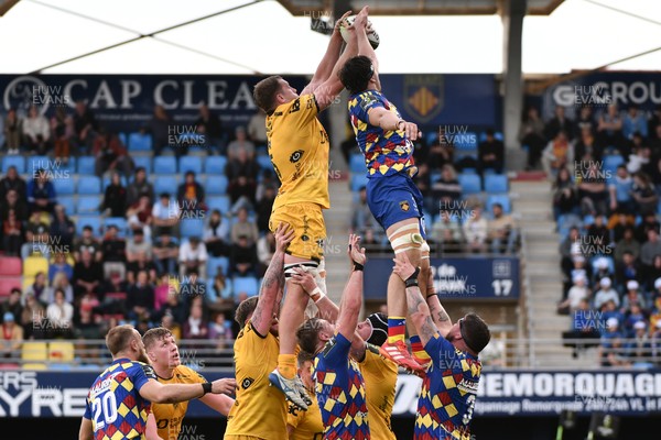 071225 - USA Perpignan v Dragons RFC - EPCR Challenge Cup - Ben Carter of Dragons RFC and Bastien Chinarro of USAP compete for the ball