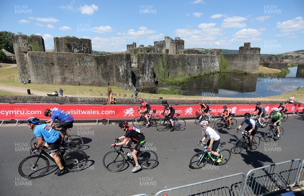 080718 - Velothon Wales - Riders go through Caerphilly outside the castle