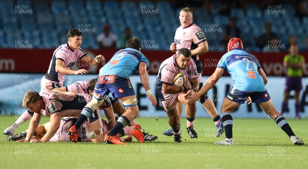 200326 - Vodacom Bulls v Cardiff Rugby - United Rugby Championship - Javan Sebastian of Cardiff in action with Ruan Nortje and Johan Grobbelaar of Vodacom Bulls