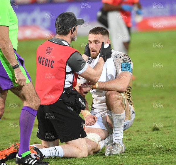 260322 - Vodacom Bulls v Dragons - United Rugby Championship - Harri Keddie of the Dragons is treated for an injury