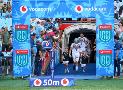 270424 - Vodacom Bulls v Ospreys - United Rugby Championship - Ospreys captain Justin Tipuric enters the field with mascots