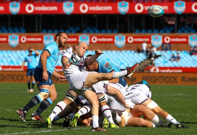 270424 - Vodacom Bulls v Ospreys - United Rugby Championship - Luke Davies of the Ospreys kicks over the top