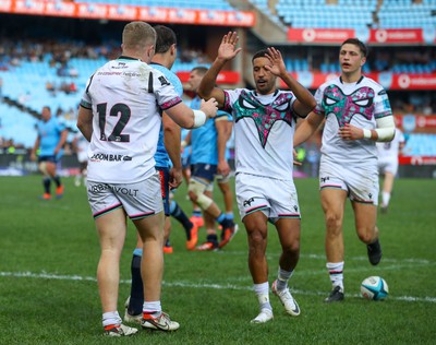 270424 - Vodacom Bulls v Ospreys - United Rugby Championship - Congratulations for Keiran Williams of the Ospreys after scoring his try