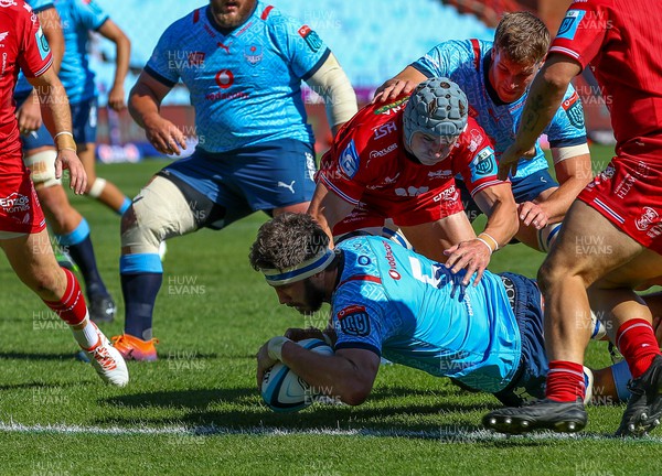 180322 - Vodacom Bulls v Scarlets - United Rugby Championship - Try time for Ruan Nortje of the Vodacom Blue Bulls