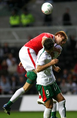 150806Wales v Bulgaria International Friendly, The Liberty Stadium, Swansea -  Wales' James Collins fails to connect with the ball as its crossed into the box 